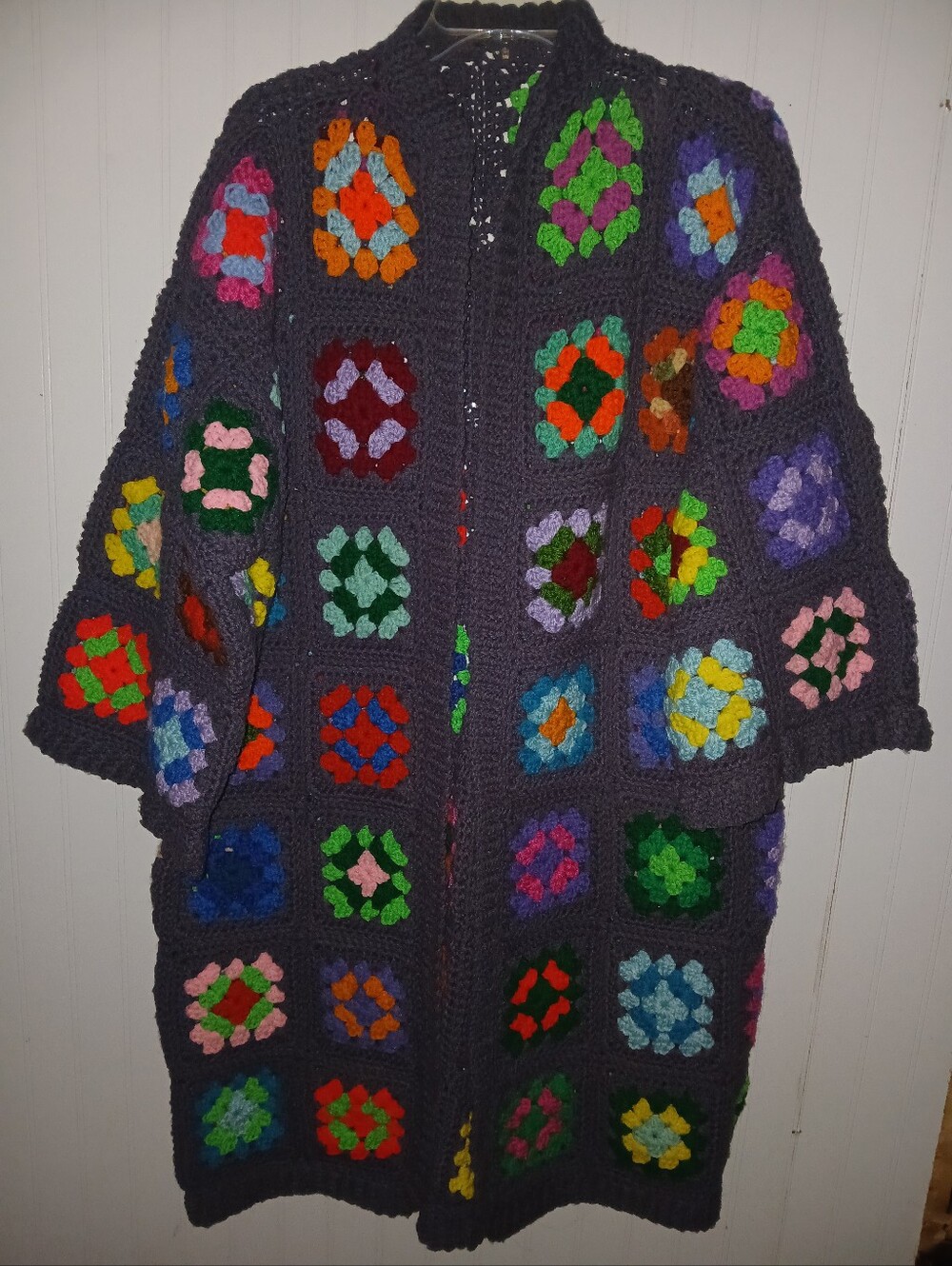 Vintage hand crocheted GRANNY SQUARE duster cardigan